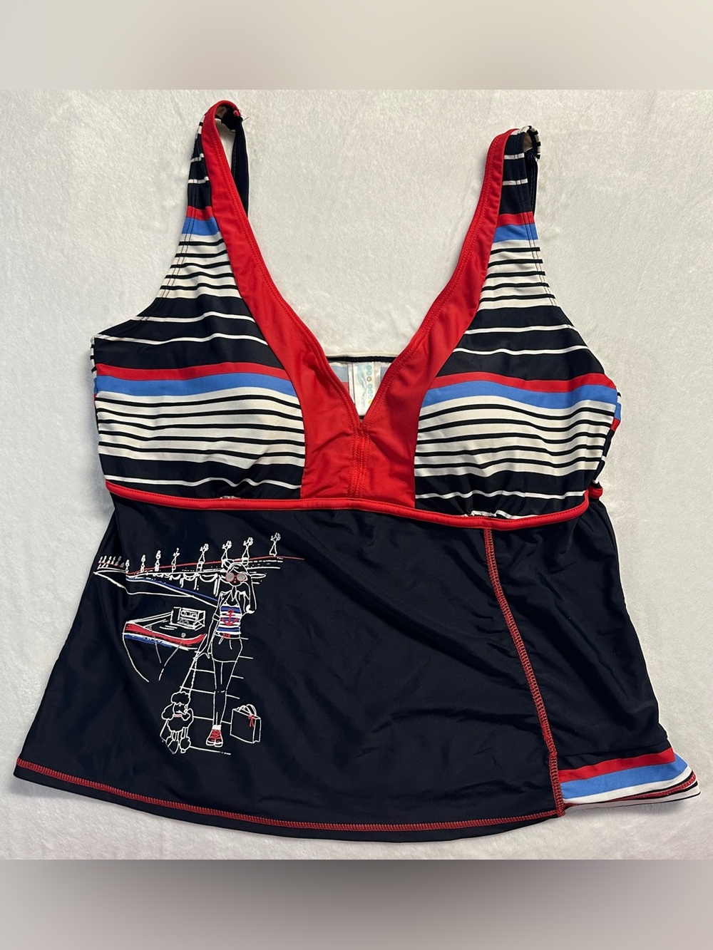 Y2K women's navy red striped nautical graphic tankini top, L.